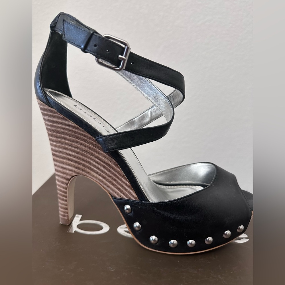 bebe-women’s shoes -wood heel- Stacy-black/silver studs-like new!